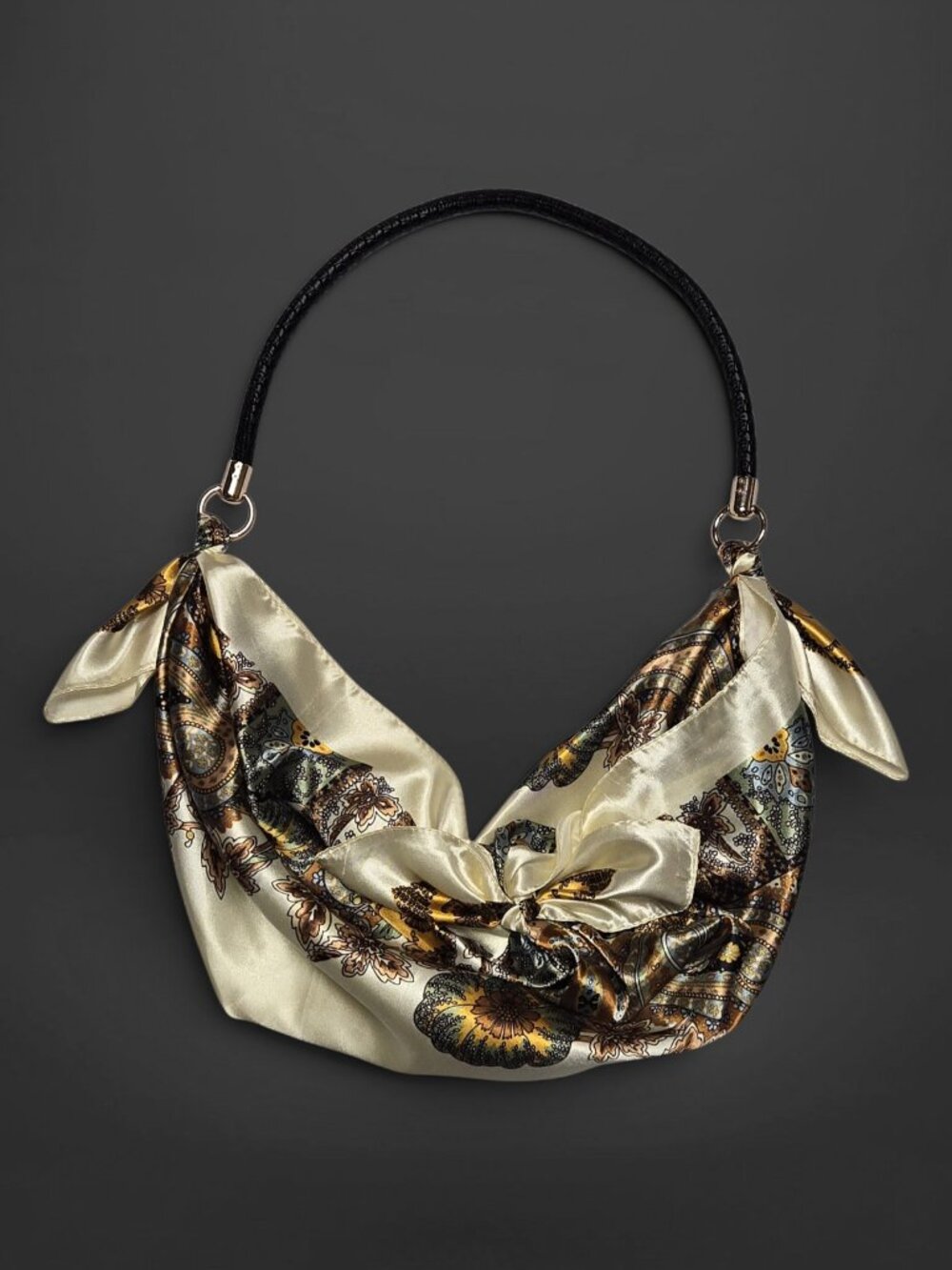 Japanese Furoshiki Scarf Ivory Orange Paisley Floral Slouch Hobo Shoulder Purse